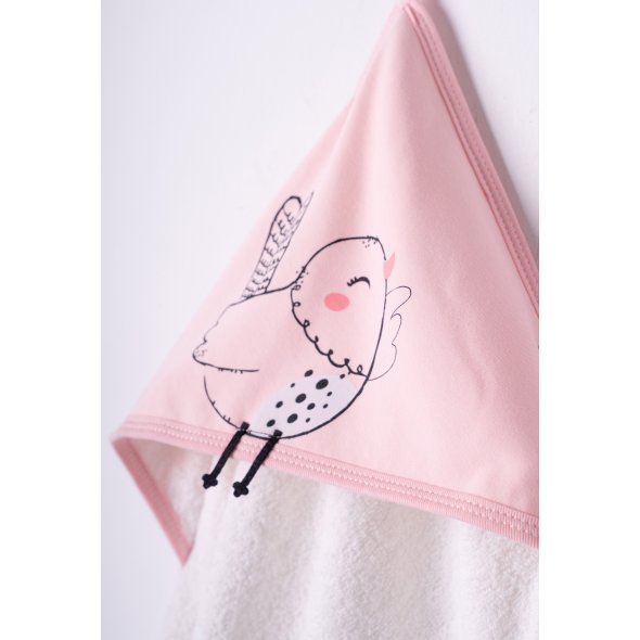 Σετ κάπα & γάντι μπάνιου "Happy bird" λευκό/ροζ
