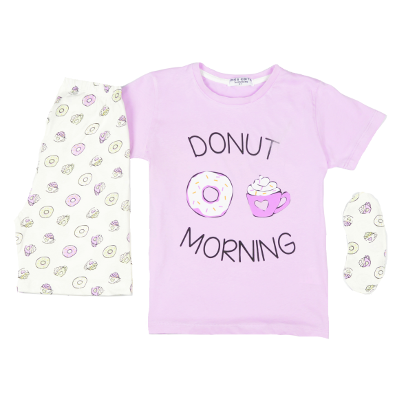 Πυτζάμα "Donut mornings" λιλά με μάσκα ύπνου