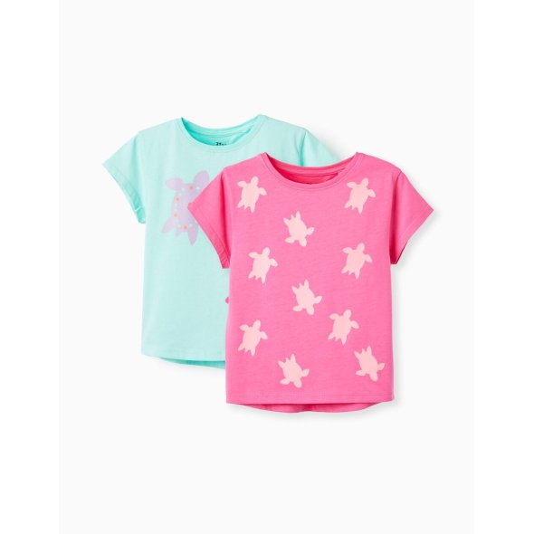 Σετ 2 μπλούζες κοντομάνικες κορίτσι "Turtles" μέντα-ροζ
