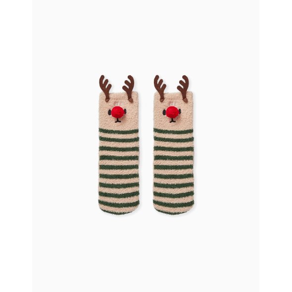 Αντιολισθητικές φλις κάλτσες "Reindeer boy" μπεζ